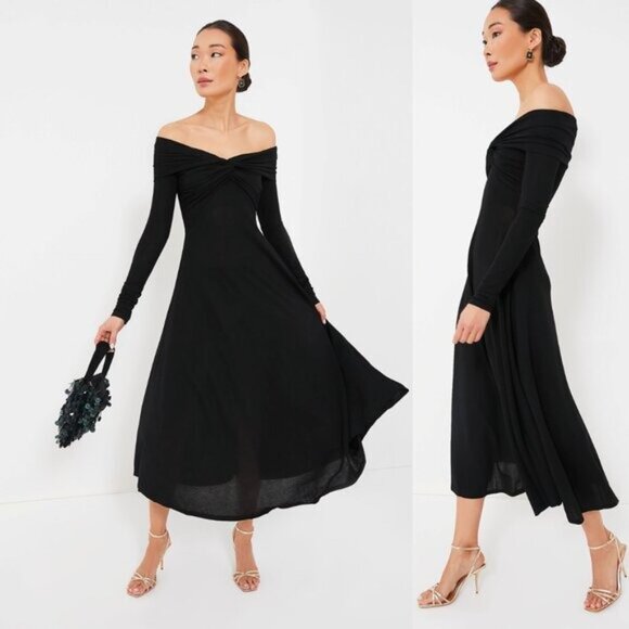 Moon River NEW Black Off the Shoulder Long Sleeve Jersey Knit Maxi Dress Size M - Picture 2 of 11